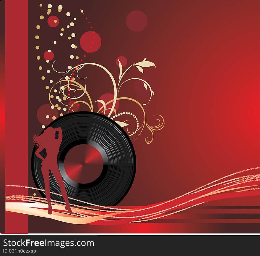 Phonograph record with female silhouette. Retro background. Illustration. Phonograph record with female silhouette. Retro background. Illustration