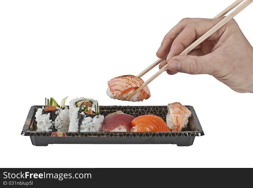 Assorted bento box sushi isolated on white