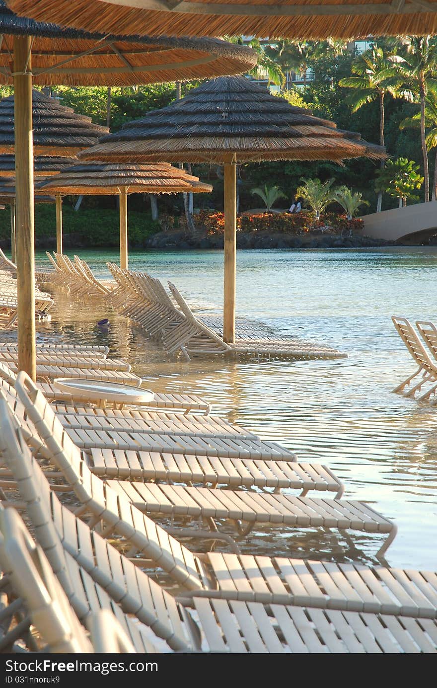 A row of beach chairs in line in the sand ready for relaxation. A row of beach chairs in line in the sand ready for relaxation