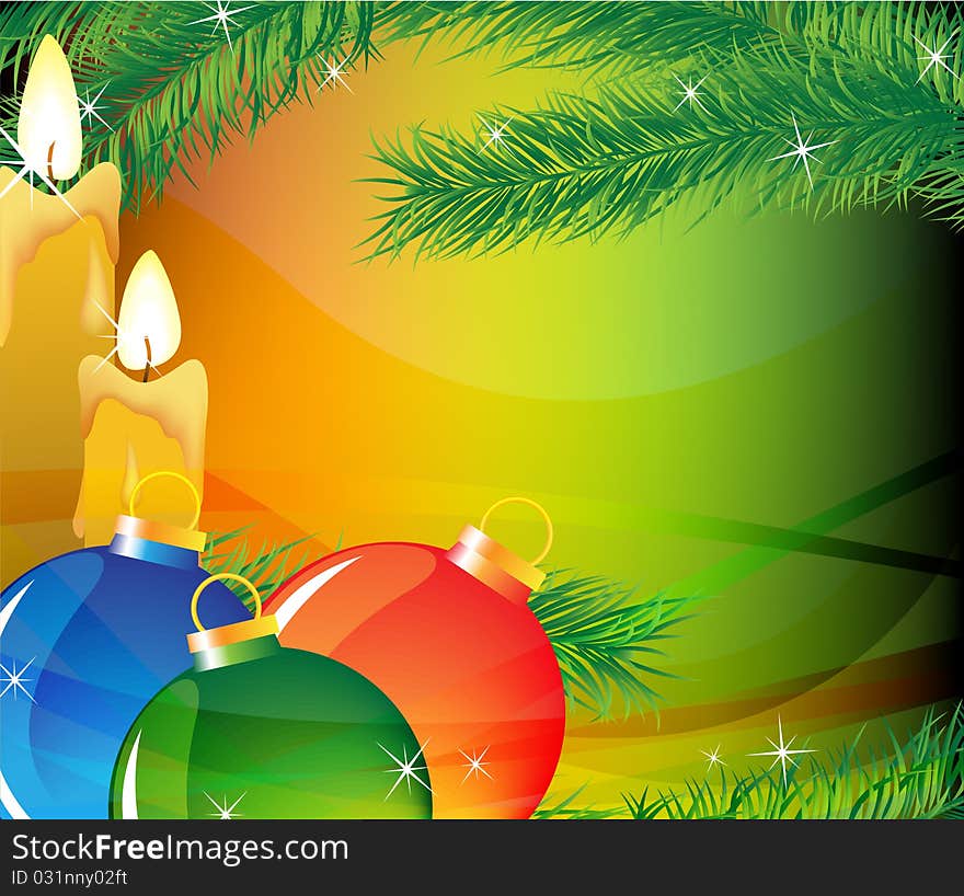 Burning candles and Christmas decorations on the background of fir branches. Burning candles and Christmas decorations on the background of fir branches