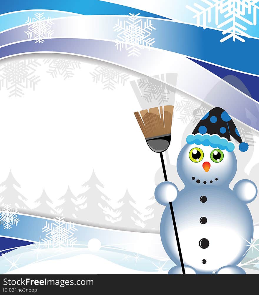 Silly snowman with a broom on a winter background. Silly snowman with a broom on a winter background