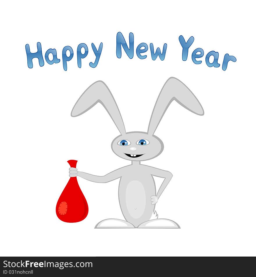 Vector illustration of cartoon bunny with presents and Happy New Year title