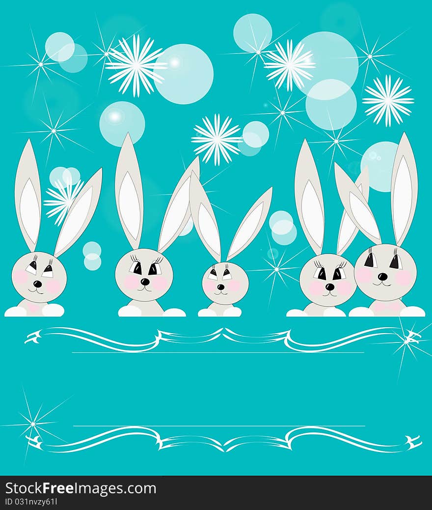 Background with gray rabbits, snowflakes and soap bubbles