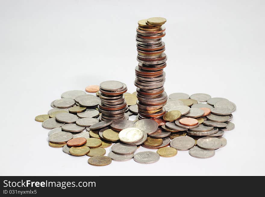 Many size of thai coins put on white background