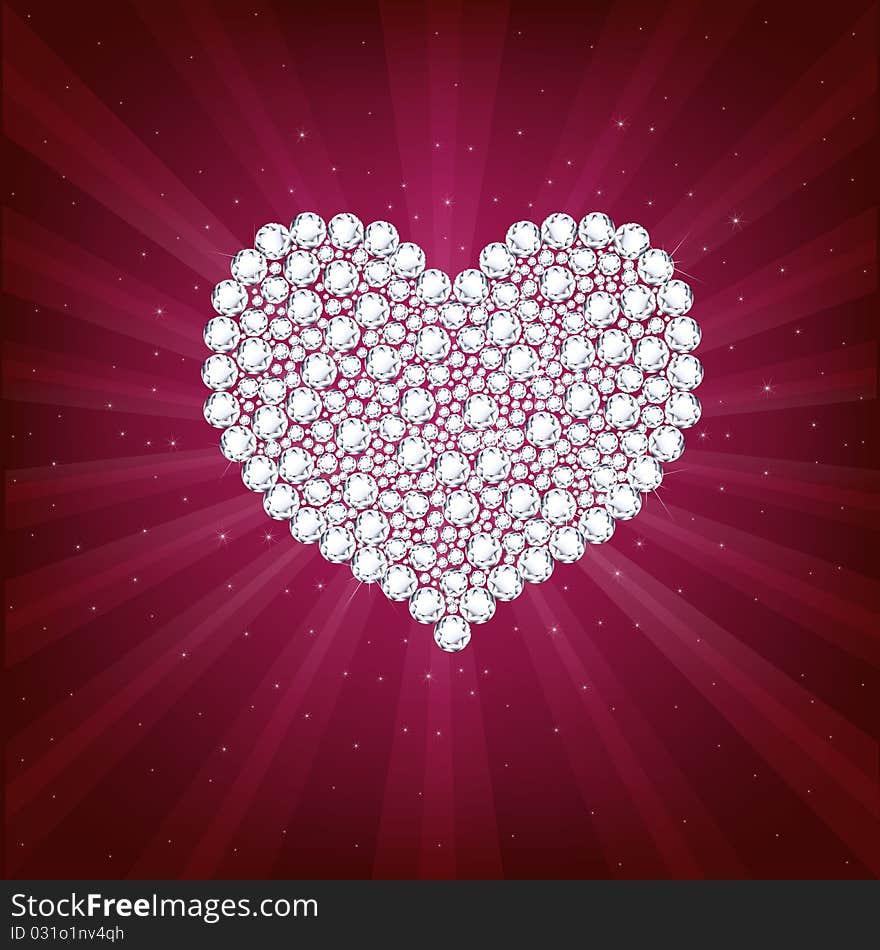 Heart From Brilliants, On Crimson Background With Beams And Stars. Vector Illustration. Heart From Brilliants, On Crimson Background With Beams And Stars. Vector Illustration