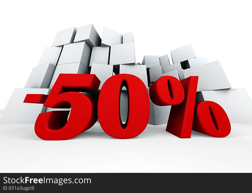 3d image of Fifty percent and several box isolated in white. 3d image of Fifty percent and several box isolated in white