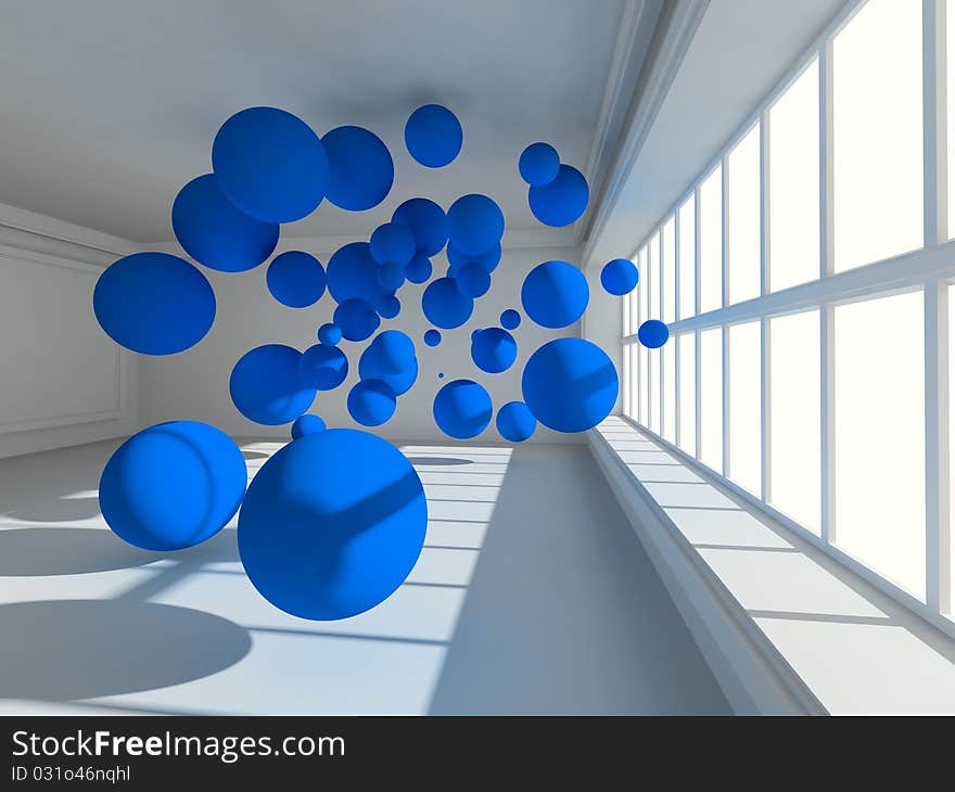 Surreal Empty interior 3d image with floating spheres