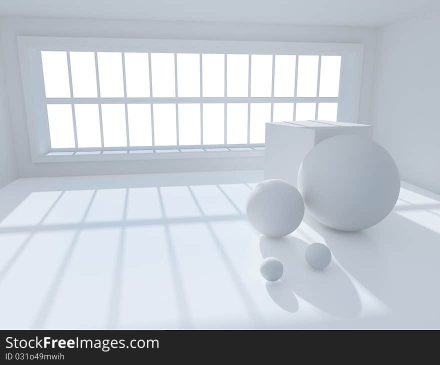 Surreal 3d image of interior with geometric objects. Surreal 3d image of interior with geometric objects