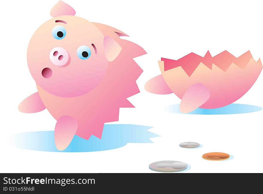 A worried piggy bank broken in half. A worried piggy bank broken in half.