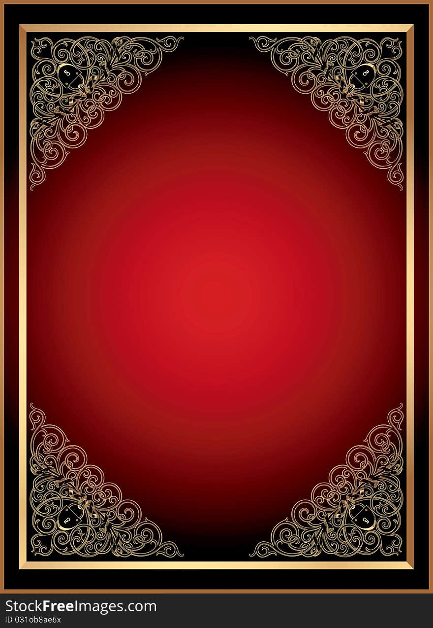 Ornate gold floral frame on abstract red background. Ornate gold floral frame on abstract red background.