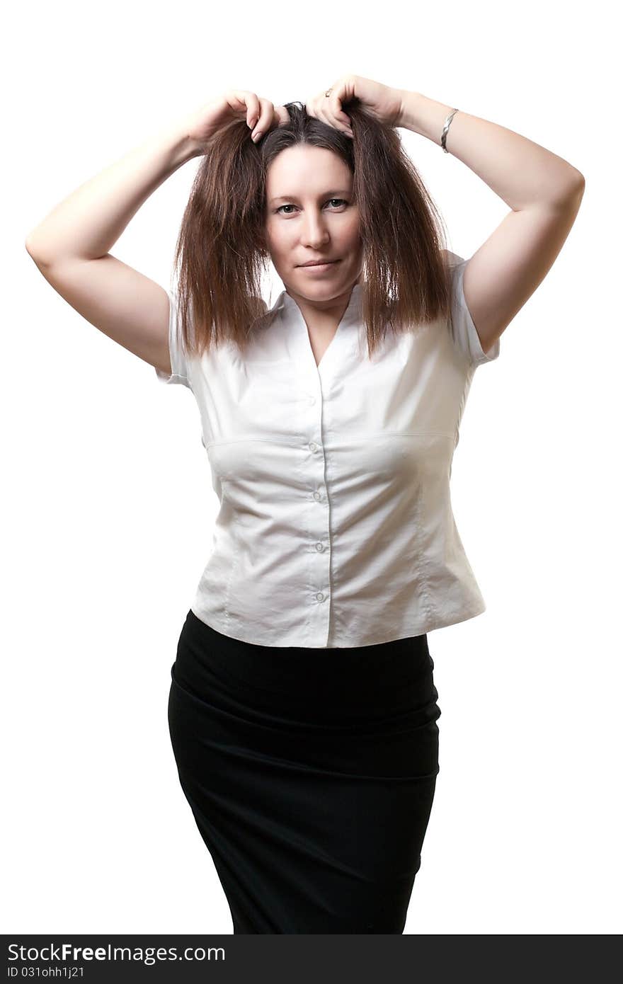 Photo of an attractive young woman in a shirt. Isolated on white