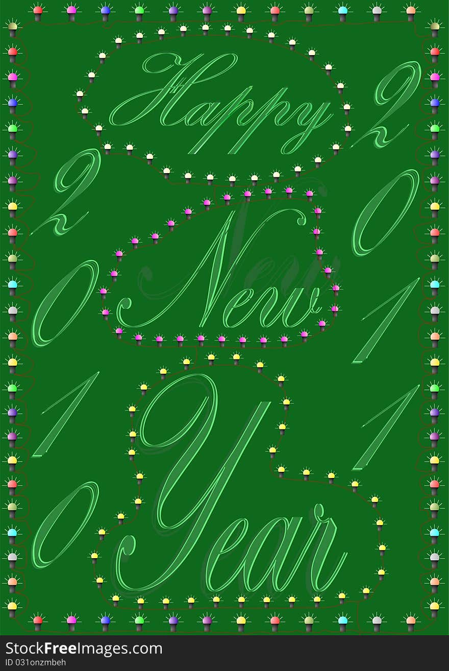 Happy New Year, on a green background in a frame of light bulbs. Happy New Year, on a green background in a frame of light bulbs.