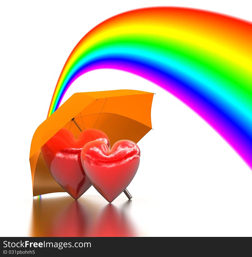 Rainbow above a two bound hearts and Umbrella