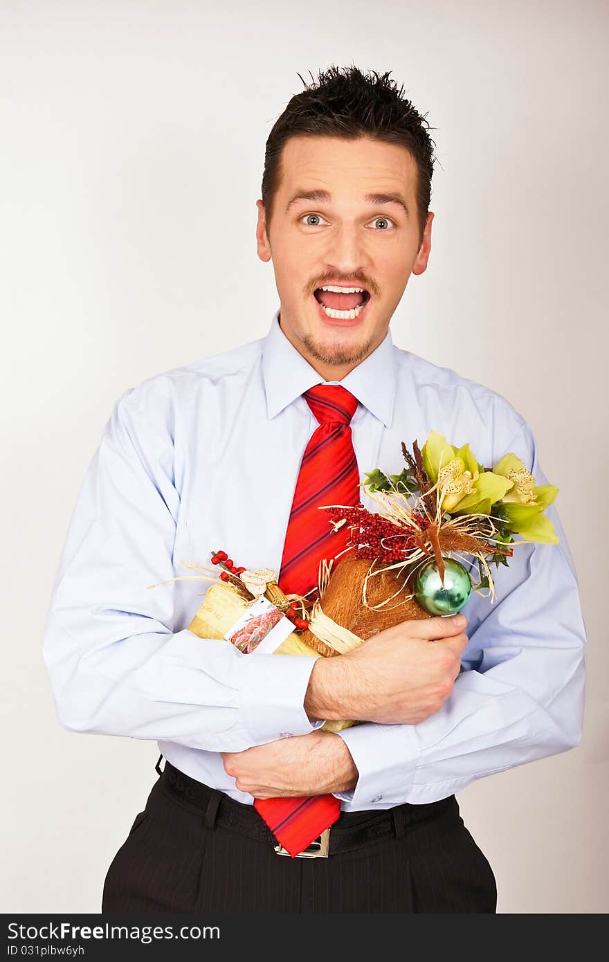 Young man hold Christmas gift