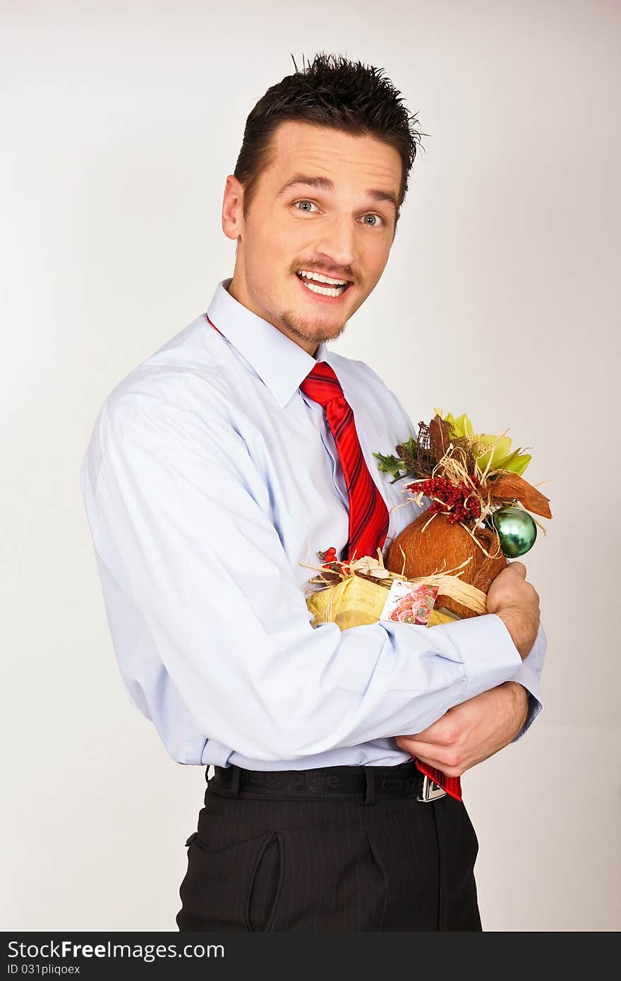 Young man hold Christmas gift