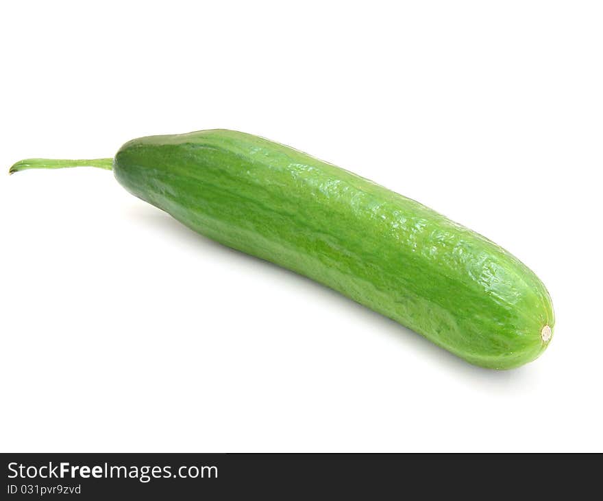 The fresh green cucumber with a tail lies on a white background