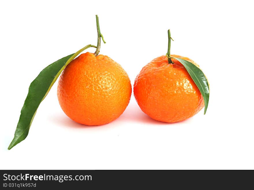 Tangerine with green leaves and water drops isolated on white