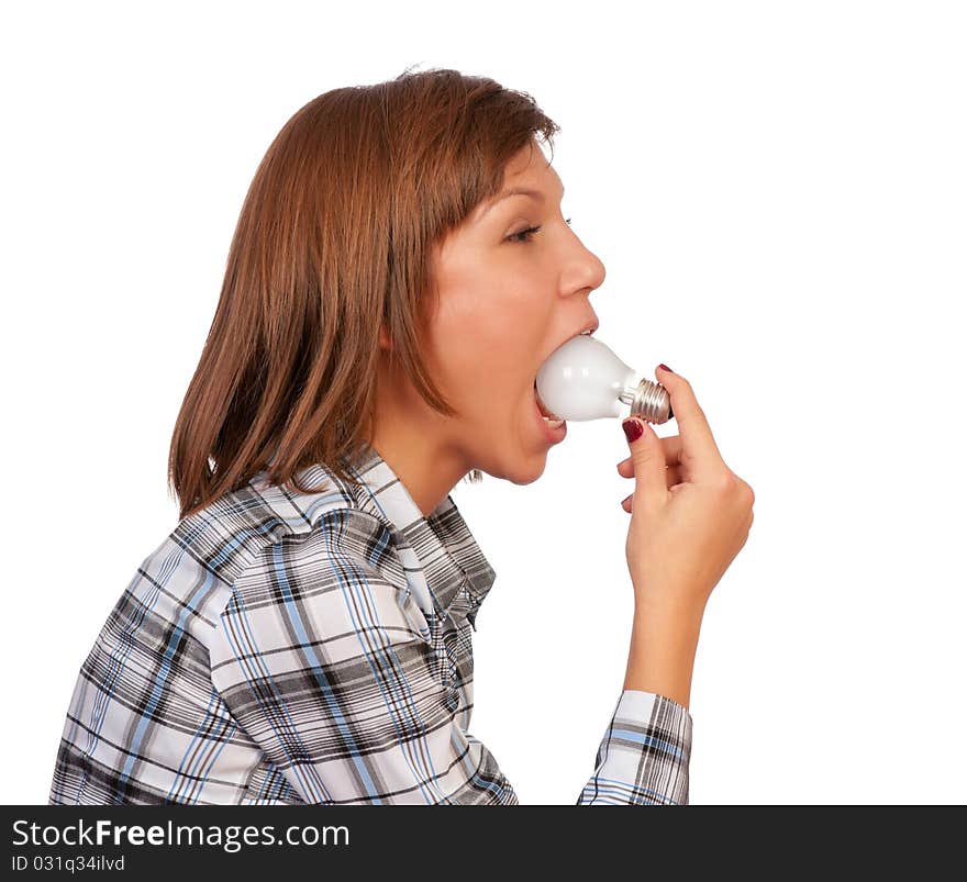 Portrait of a beautiful teenage girl with bulb. Isolated on white background.