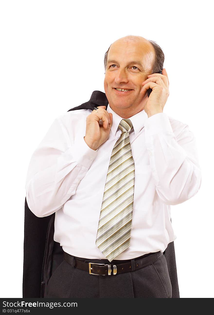 Portrait of casual businessman talking on mobile phone. Isolated on white.