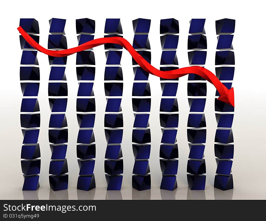 Schedule of decline of twisted cubes of blue and red arrows on the mirror surface. Schedule of decline of twisted cubes of blue and red arrows on the mirror surface