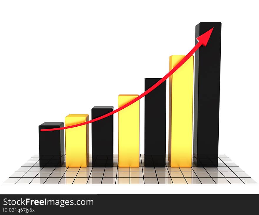 Business schedule. The graph of growth of the black and yellow cubes and a red arrow on the mirror surface and a white background. Business schedule. The graph of growth of the black and yellow cubes and a red arrow on the mirror surface and a white background.