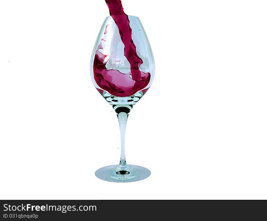 Glass goblet poured red wine on a white background