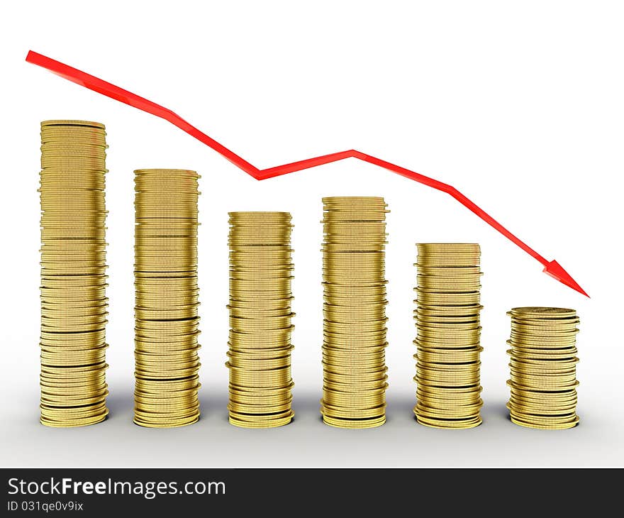 Schedule of decline of tangled red arrows and columns of coins