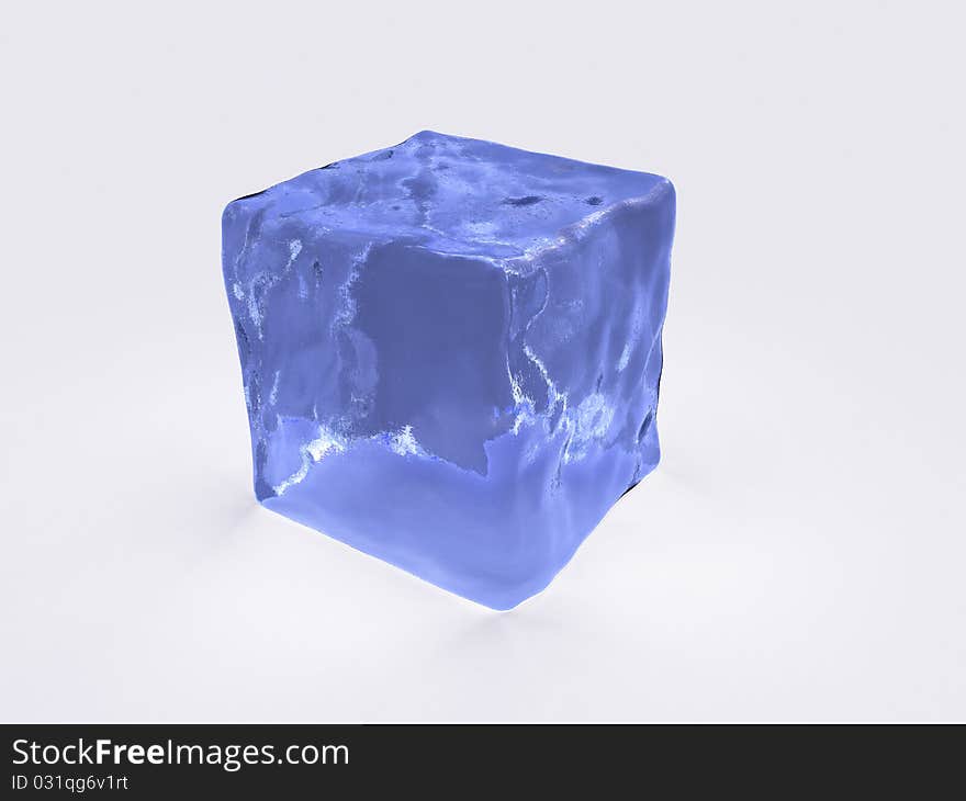 Blue ice cube on a white background