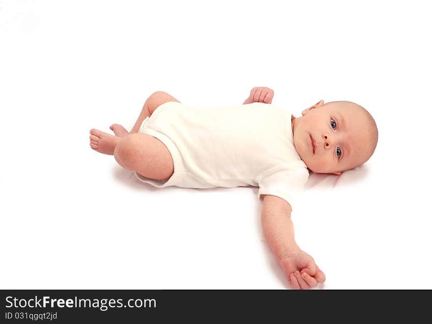 The small newborn child on a white background