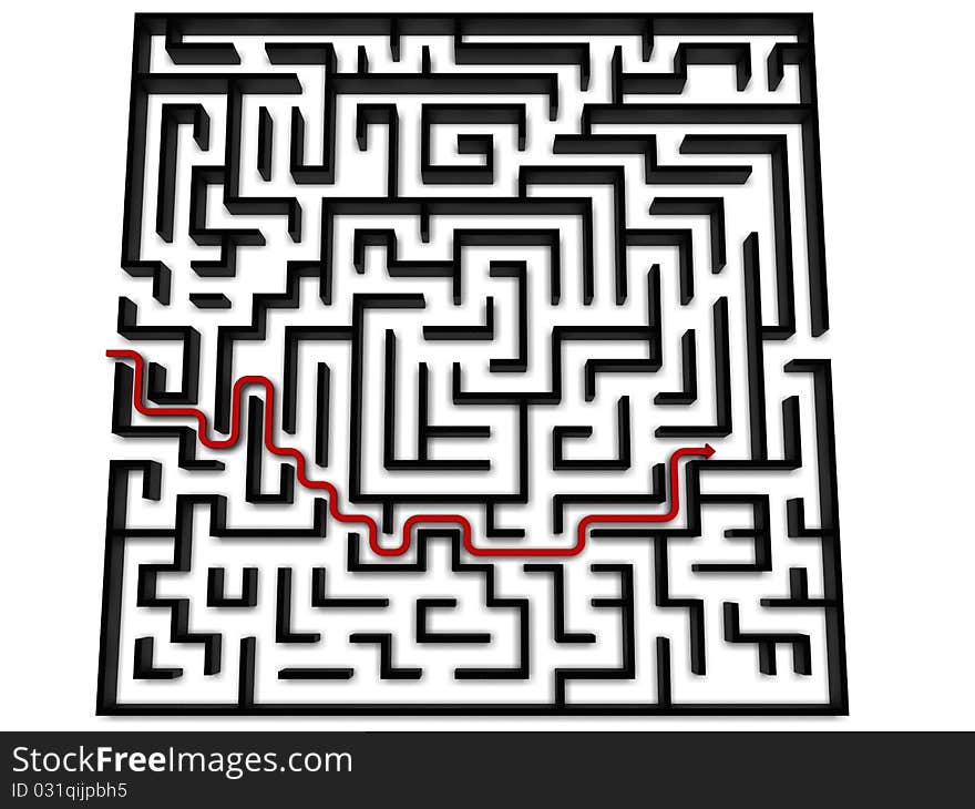 A maze of black walls and passing through the labyrinth of red arrows on white background