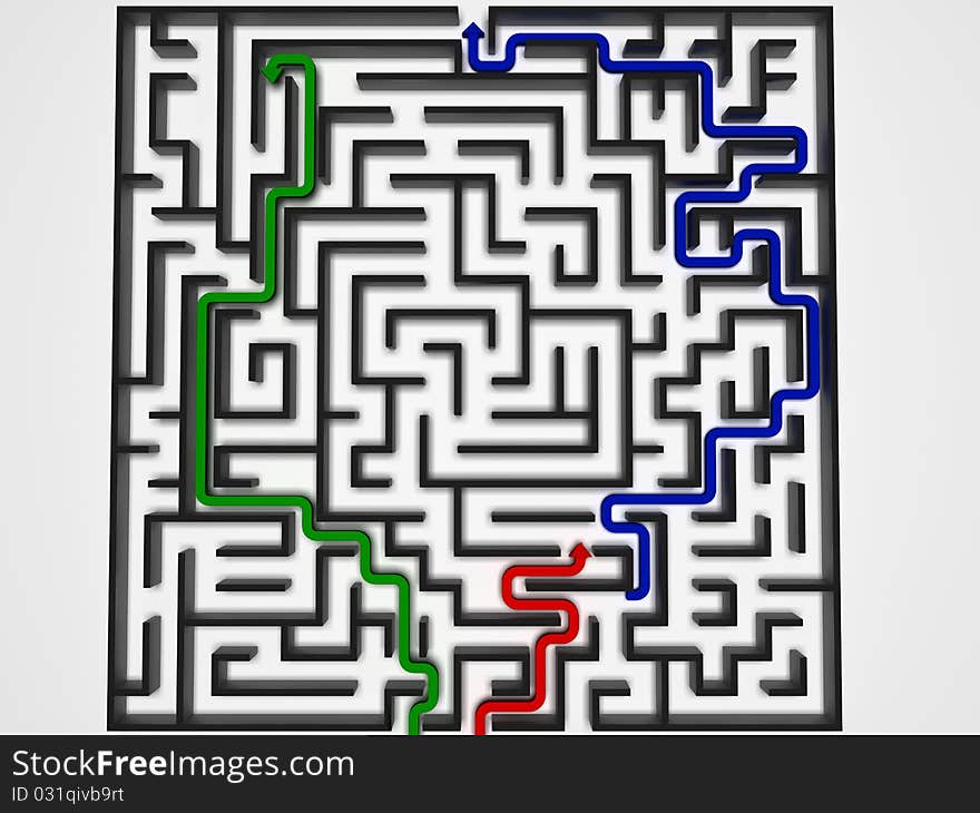 Black maze with red, blue and green arrow on a white background