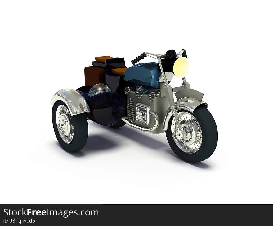 Colorful toy motorcycle with a sidecar on a white background