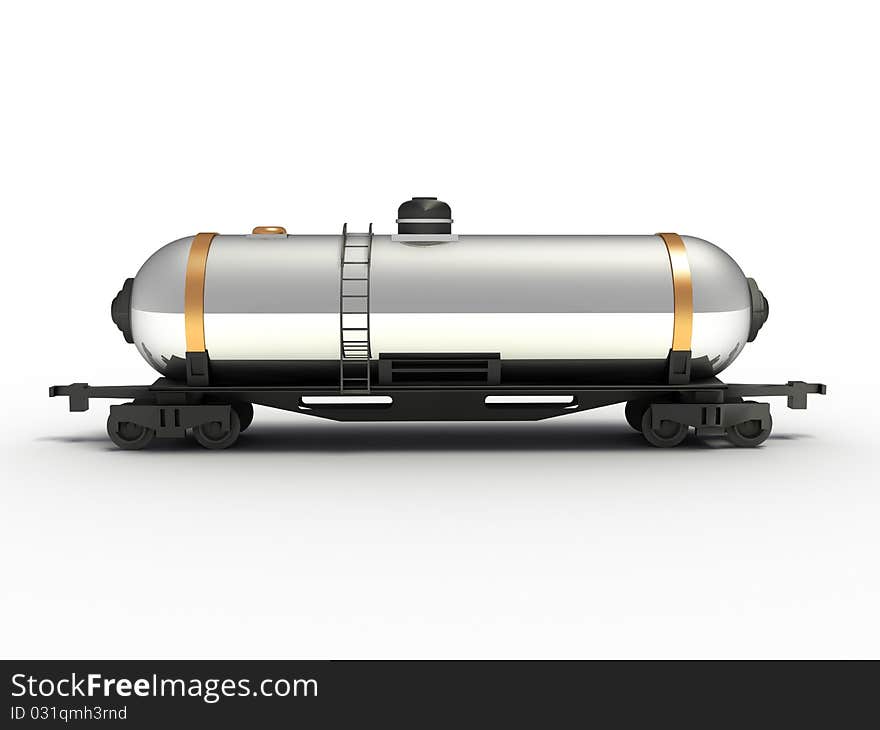 Metallic railway cistern with black wheels on a white background