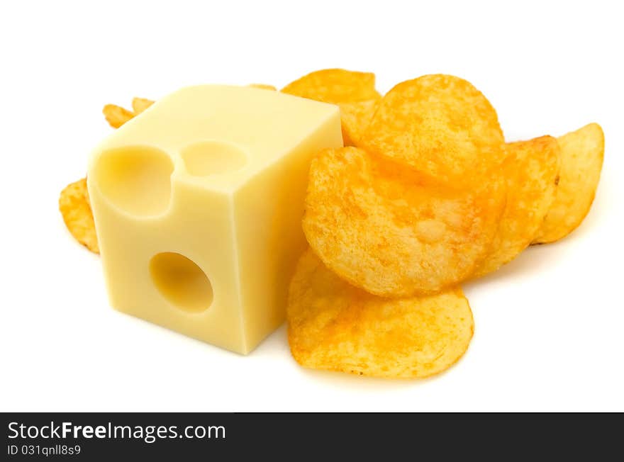 Piece of cheese and chips on a white background