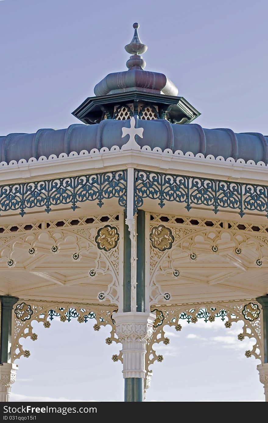 A close up of Brightons beautiful cast iron bandstand on a bright day. A close up of Brightons beautiful cast iron bandstand on a bright day