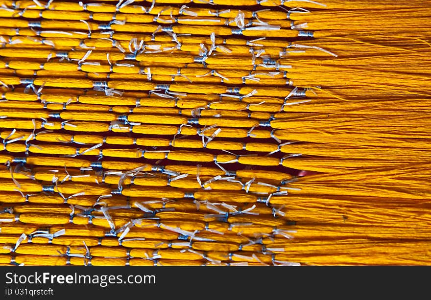 Yellow natural Thai silk thread is preparing to dye by chemical colour in origin traditional knowledge. Yellow natural Thai silk thread is preparing to dye by chemical colour in origin traditional knowledge.