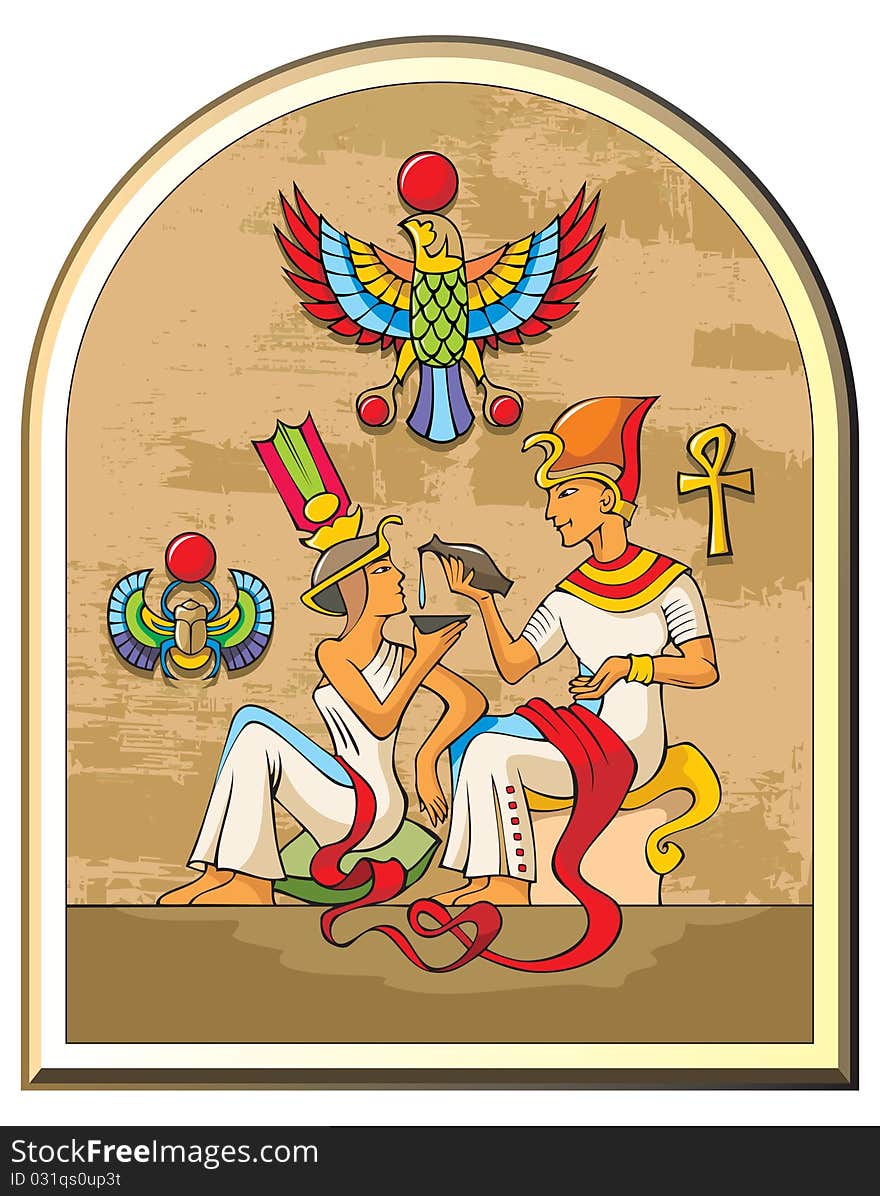 Stylized illustration of life in ancient Egypt, the pharaoh and the empress, papyrus background, symbols of falcon and scarab, vector. Stylized illustration of life in ancient Egypt, the pharaoh and the empress, papyrus background, symbols of falcon and scarab, vector