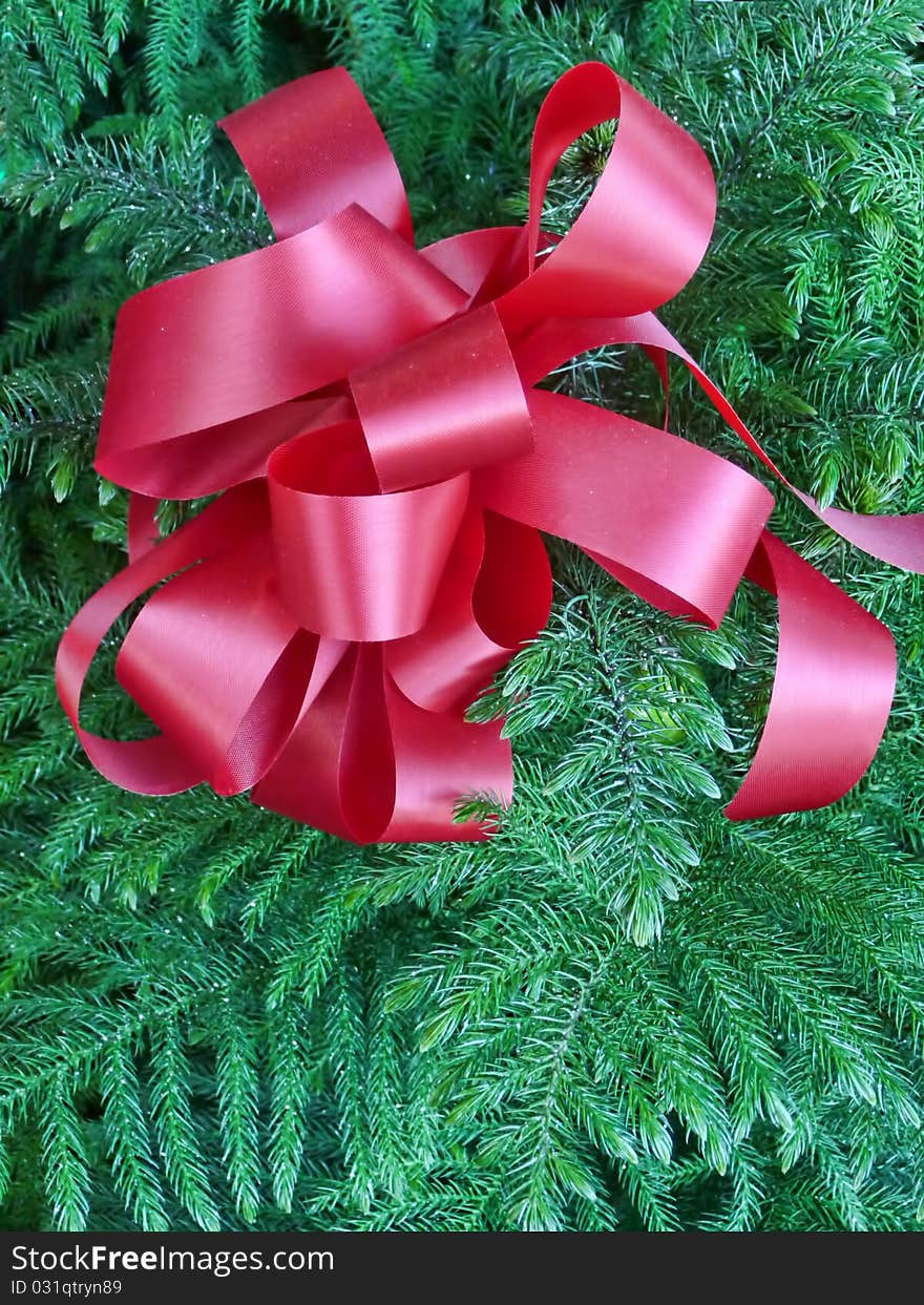 Big red holiday bow with green fern