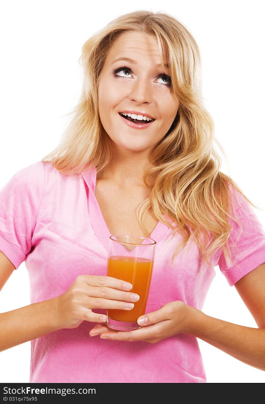 Funny girl with a glass of fresh juice, white background