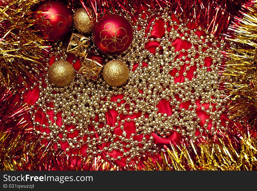 Bright background of christmas decoration on red