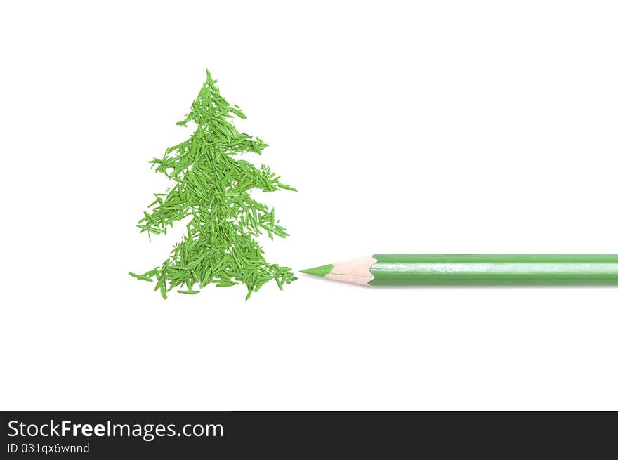 Green pencil and figure of a fur-tree from core crumbs. Green pencil and figure of a fur-tree from core crumbs