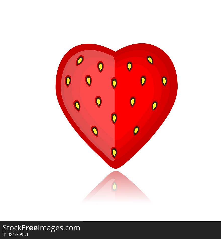 Strawberry, heart shape red on white,  illustration