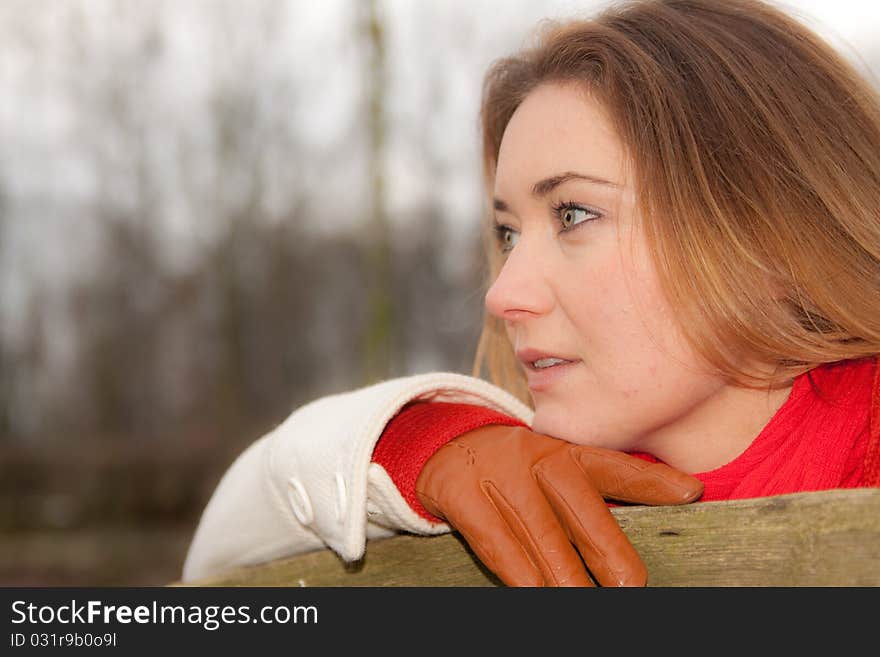 Woman with red scarf