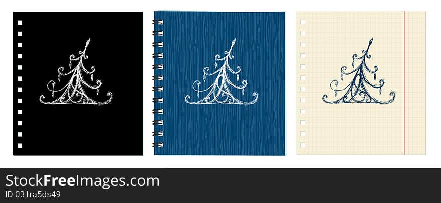 Sketch of christmas pine ornament on notebook cover and sheet