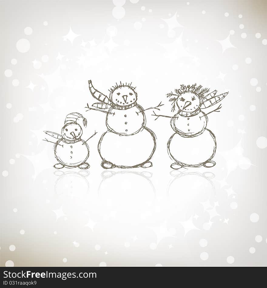 Family of snowmen, christmas sketch for your design