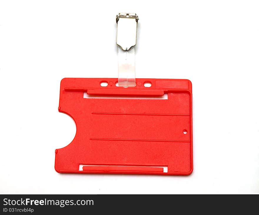 Red ID card or badge holder isolated on white background. Red ID card or badge holder isolated on white background