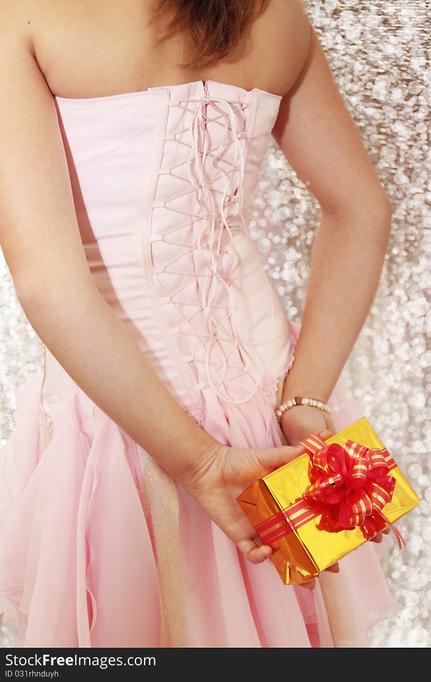 Girl in the pink dress with the gift. Girl in the pink dress with the gift