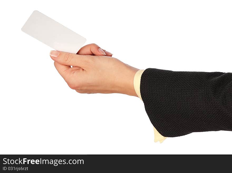 Businesswoman giving her business card to the partners