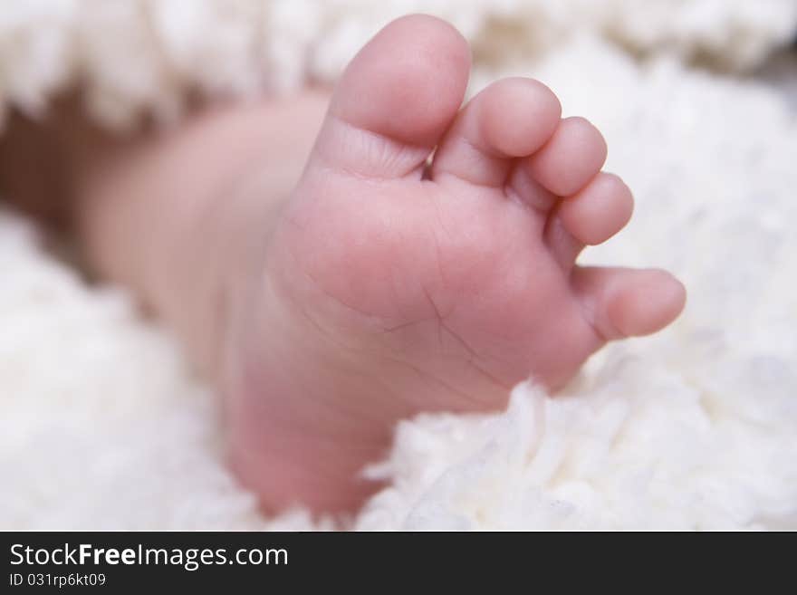 Single small newborn baby foot on soft blancket. Single small newborn baby foot on soft blancket