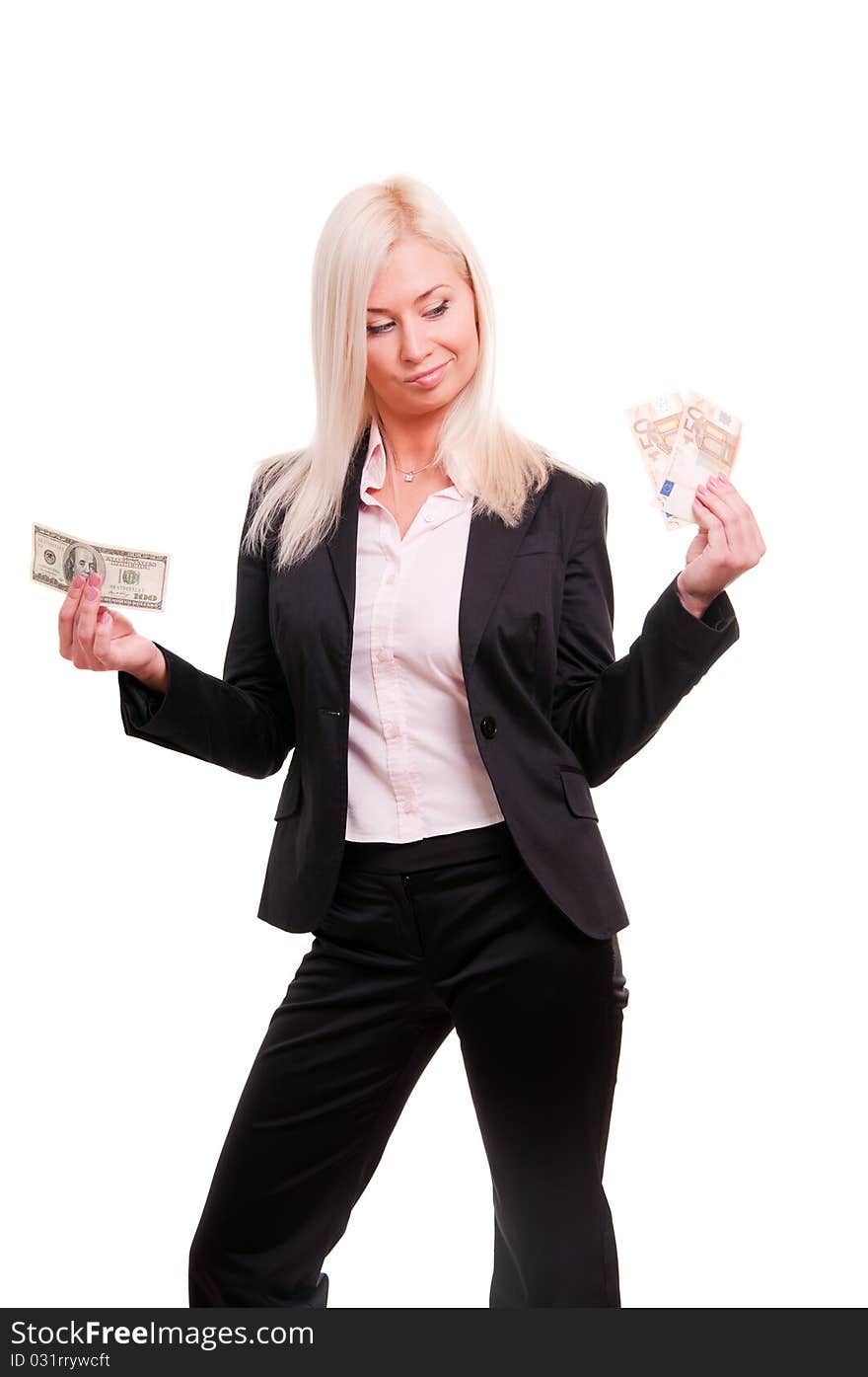 Woman holding euro in one hand and dollars in ano